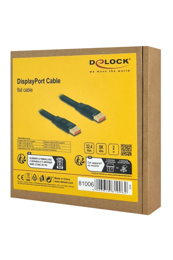 DELOCK καλώδιο DisplayPort 81006, flat, 8K/60Hz 32.4 Gbps HDR, 2m, μαύρο