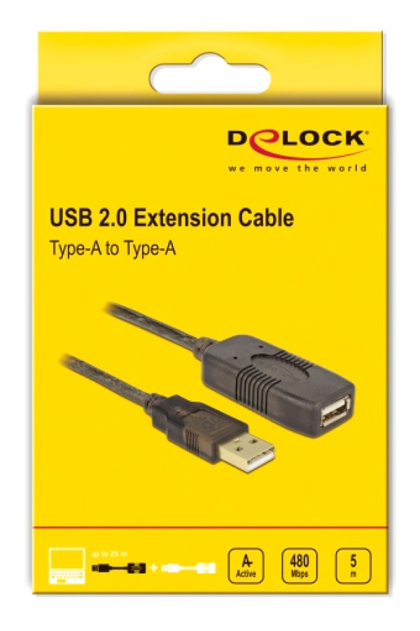 DELOCK καλώδιο USB 2.0 αρσενικό σε θηλυκό 82308, active, 5m, μαύρο