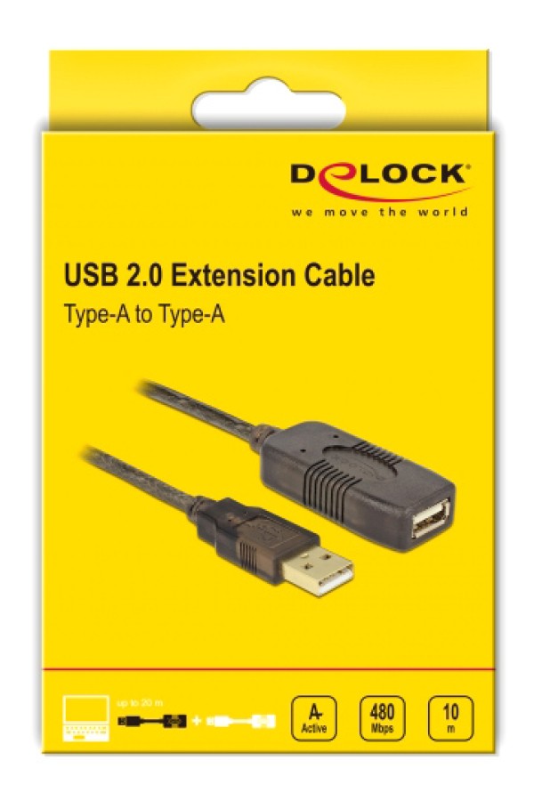 DELOCK καλώδιο USB 2.0 αρσενικό σε θηλυκό 82446, active, 10m, μαύρο