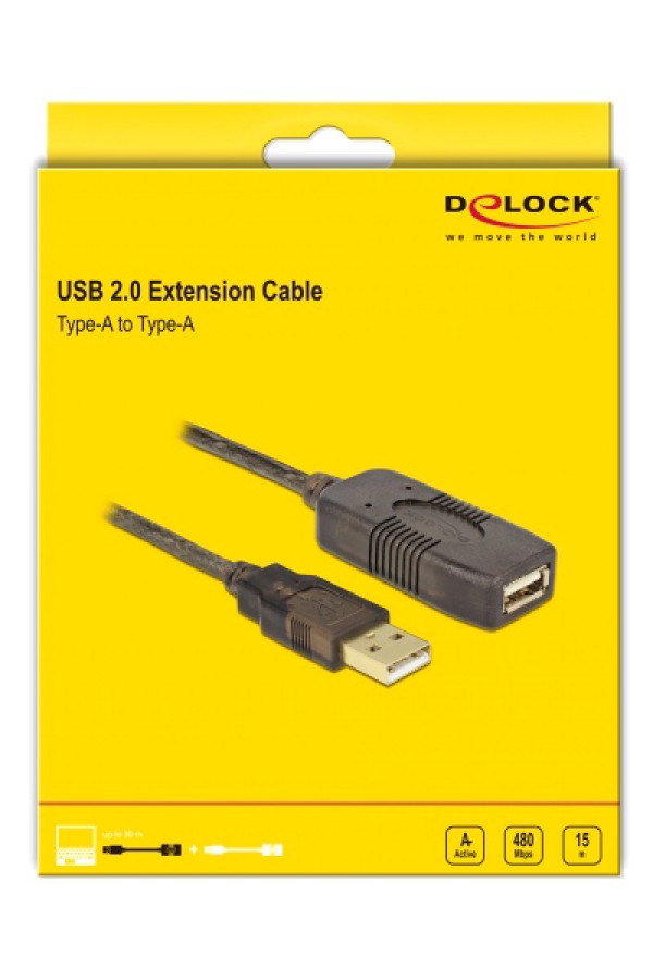 DELOCK καλώδιο USB 2.0 αρσενικό σε θηλυκό 82689, active, 15m, μαύρο