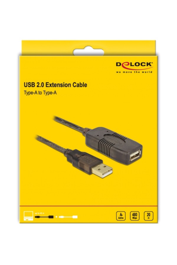 DELOCK καλώδιο USB 2.0 αρσενικό σε θηλυκό 82690, active, 20m, μαύρο