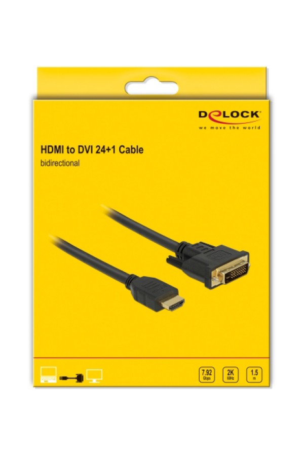 DELOCK καλώδιο HDMI σε DVI 85653, 2K/60Hz, 7.92 Gbps, 1.5m, μαύρο