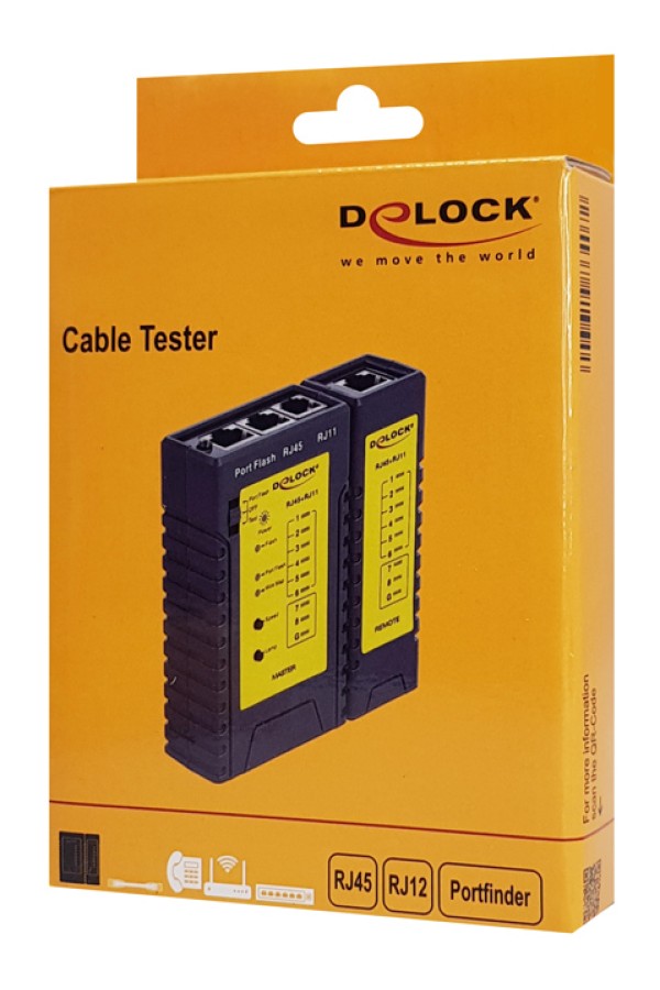 DELOCK tester καλωδίων 86407, λειτουργία εύρεσης θύρας, RJ45/RJ12, μαύρο