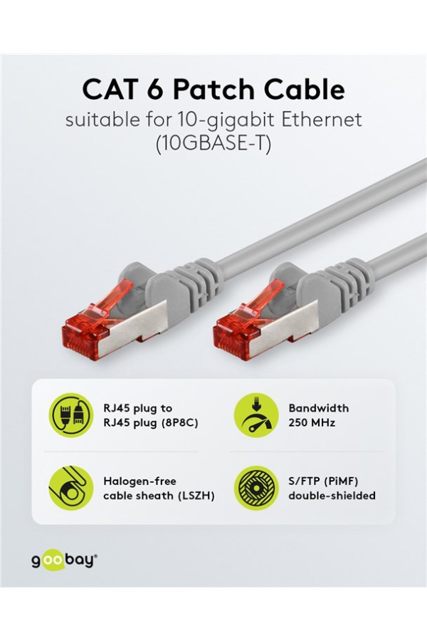 GOOBAY καλώδιο δικτύου 92455, CAT 6 S/FTP, copper, 250MHz, 0.15m, γκρι