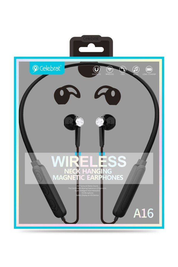 CELEBRAT earphones A16 με μαγνήτη, Bluetooth, 14.2mm, 130mAh, μαύρα