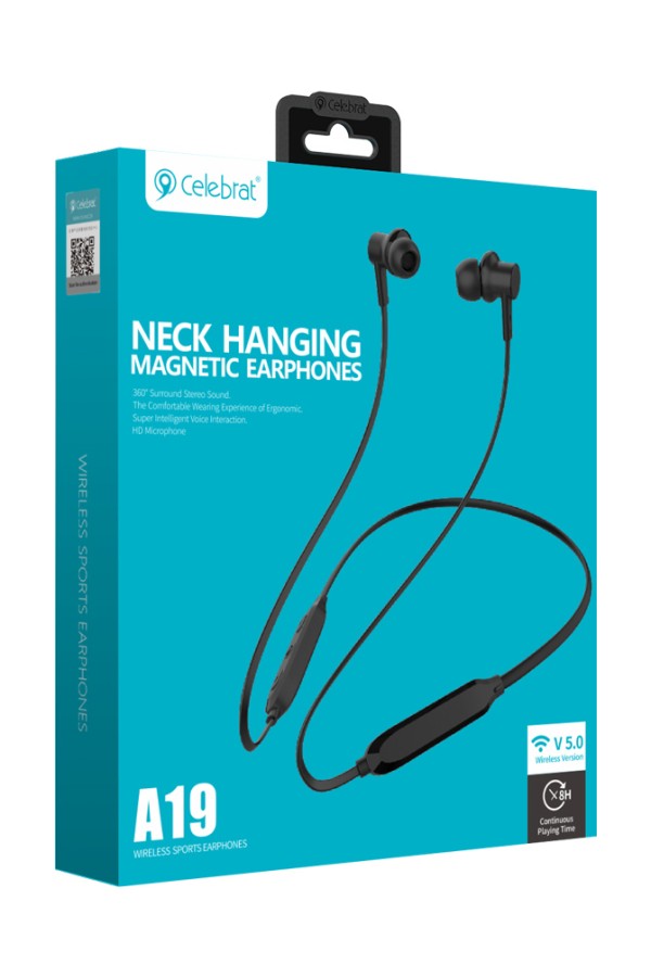 CELEBRAT earphones A19 με μαγνήτη, Bluetooth, 10mm, 110mAh, μαύρα