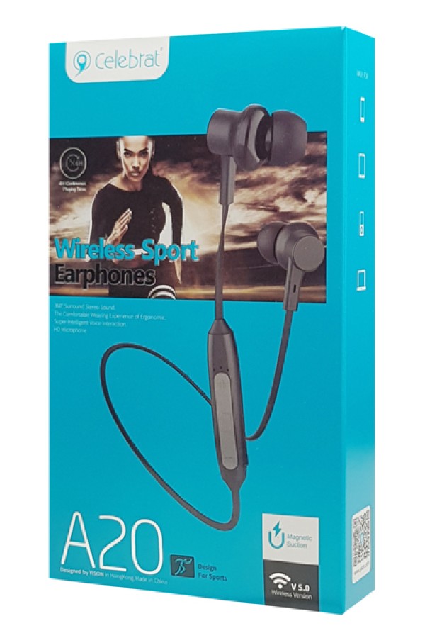 CELEBRAT earphones A20 με μαγνήτη, Bluetooth, 10mm, 70mAh, μαύρα