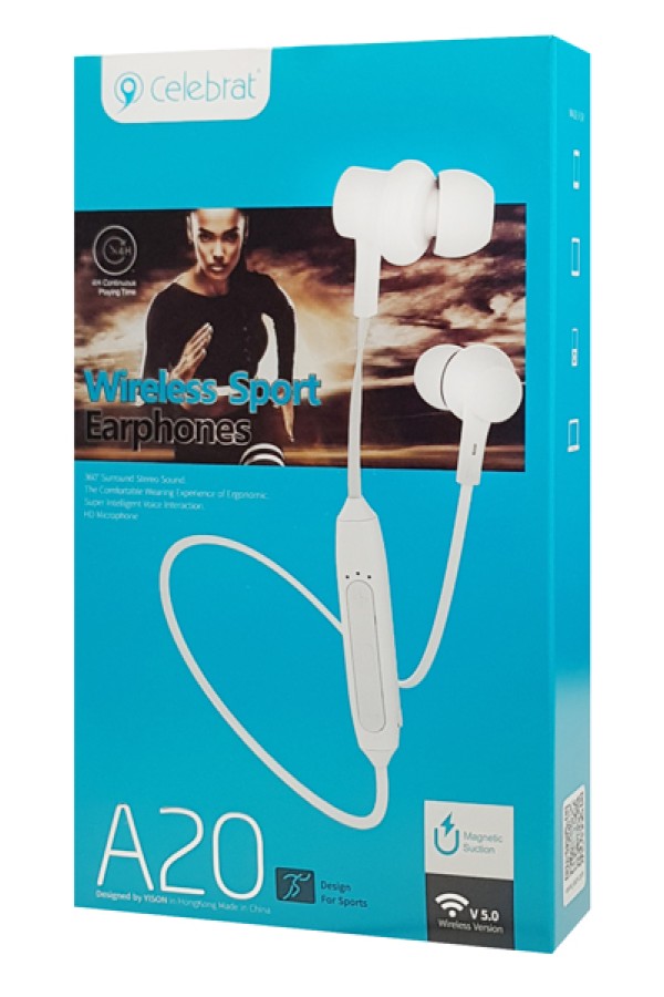 CELEBRAT bluetooth earphones A20 με μαγνήτη, 10mm, BT 5.0, λευκά