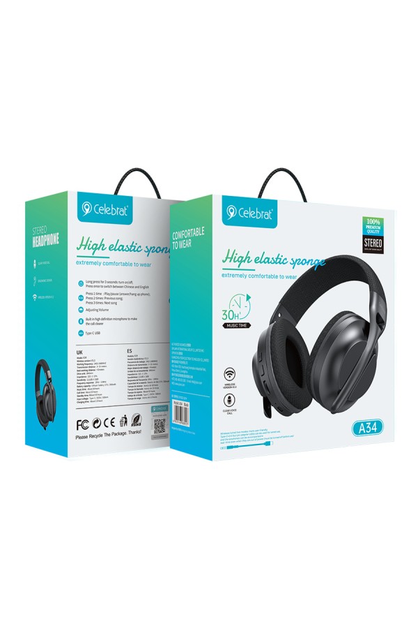 CELEBRAT headphones A34, ασύρματα & ενσύρματα, 40mm, 300mAh, μαύρα