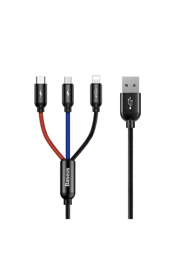 Baseus Three Primary Colors 3-in-1 Braided USB to Lightning / Type-C / micro USB Cable 3A Μαύρο 1.2m (CAMLT-BSY01) (BASCAMLT-BSY01)