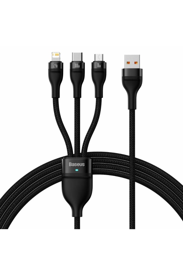 Baseus 3in1 USB Cable Flash Series, USB-C + Micro USB + Lightning, 100w, 1.2m Black (CASS030001) (BASCASS030001)