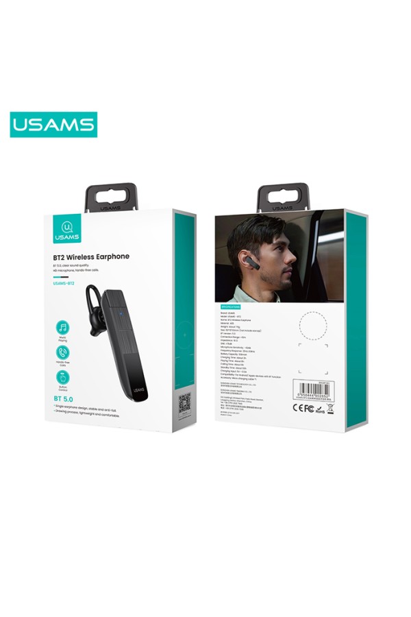 USAMS Bluetooth μονό earphone USAMS-BT2, 100mAh, 3-way κλήσεις, μαύρο
