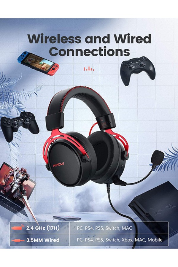 MPOW gaming headset Air 2.4GHz, wireless & wired, mic, μαύρο-κόκκινο