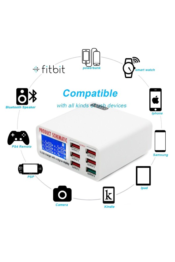 USB φορτιστής 6 θέσεων με LCD monitor BST-U3, 5V 8A, 40W