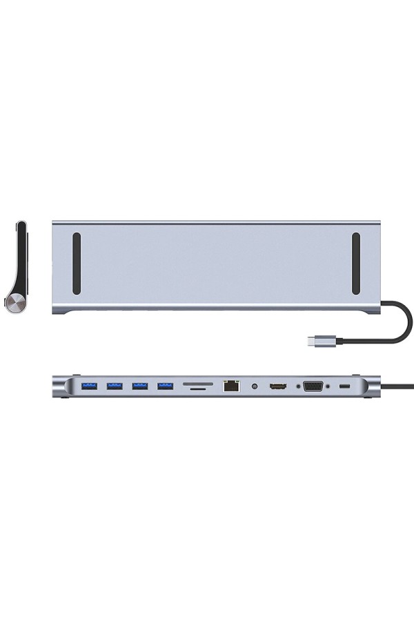 POWERTECH docking station BYL-2003, 11 θυρών, βάση laptop, USB-C, γκρι