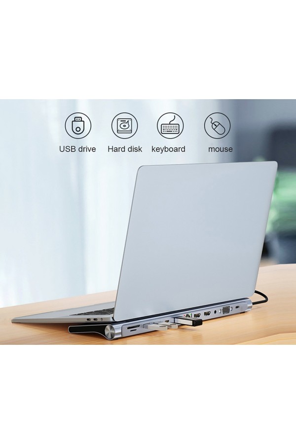 POWERTECH docking station BYL-2003U2, 12 θυρών, βάση laptop, USB-C, γκρι