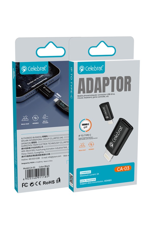 CELEBRAT αντάπτορας Lightning σε USB-C CA-03, 2A, 480Mbps, μαύρος