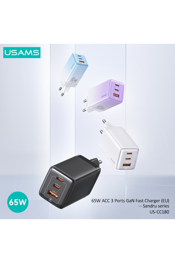 USAMS φορτιστής τοίχου US-CC180, USB & 2x USB-C, 65W PD, GaN, μαύρος