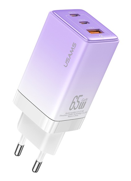 USAMS φορτιστής τοίχου US-CC180, USB & 2x USB-C, 65W PD, GaN, μωβ