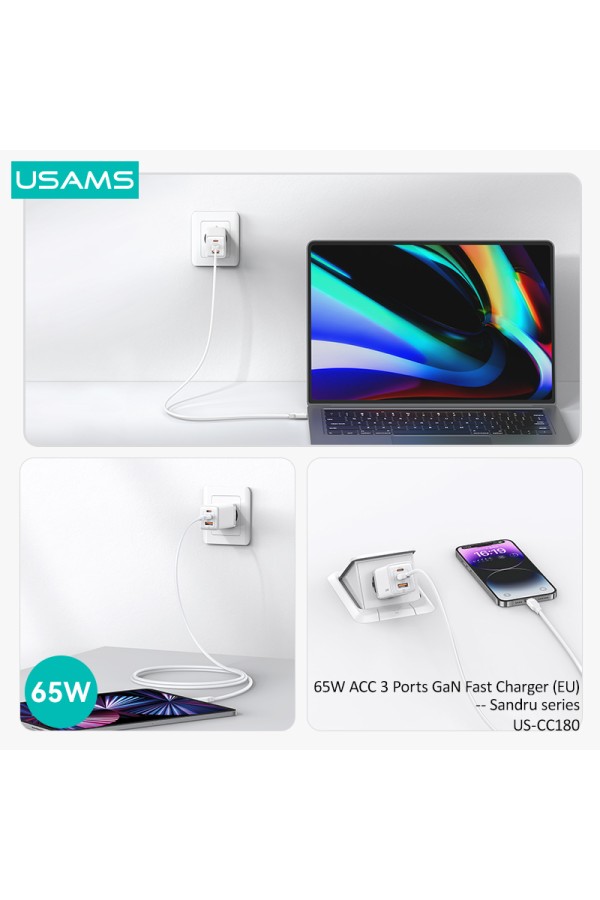 USAMS φορτιστής τοίχου US-CC180, USB & 2x USB-C, 65W PD, GaN, μωβ