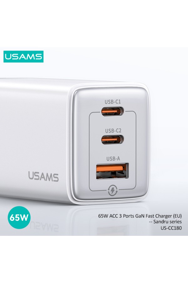 USAMS φορτιστής τοίχου US-CC180, USB & 2x USB-C, 65W PD, GaN, μπλε