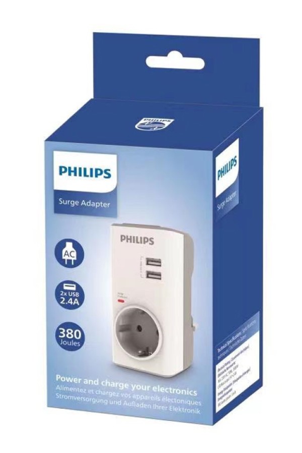 PHILIPS αντάπτορας ρεύματος schuko CHP4010W-10, 2x USB, 380J, λευκός