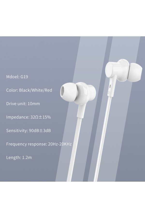 CELEBRAT earphones με μικρόφωνο G19, 3.5mm σύνδεση, Φ10mm, 1.2m, λευκά