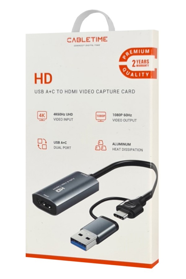 CABLETIME video capture CT-ACHC-AG, HDMI/USB & USB-C, 4K/60Hz, γκρι