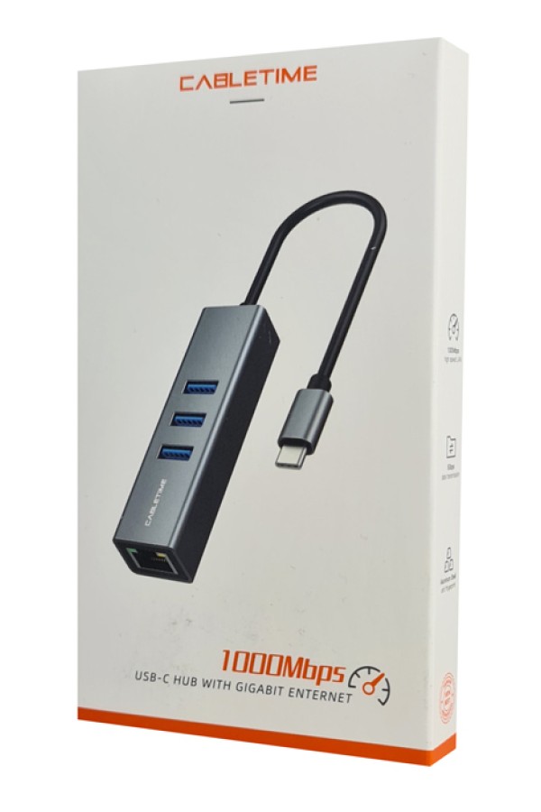 CABLETIME USB-C hub CT-CMLU3, RJ45 & 3x USB θύρες, 5Gbps, 1000Mbps, γκρι