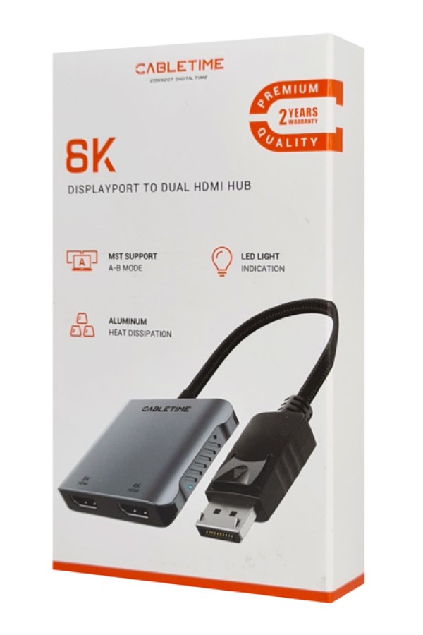 CABLETIME αντάπτορας DisplayPort σε 2x HDMI CT-DM2H8K-AG, 8K/30Hz, γκρι
