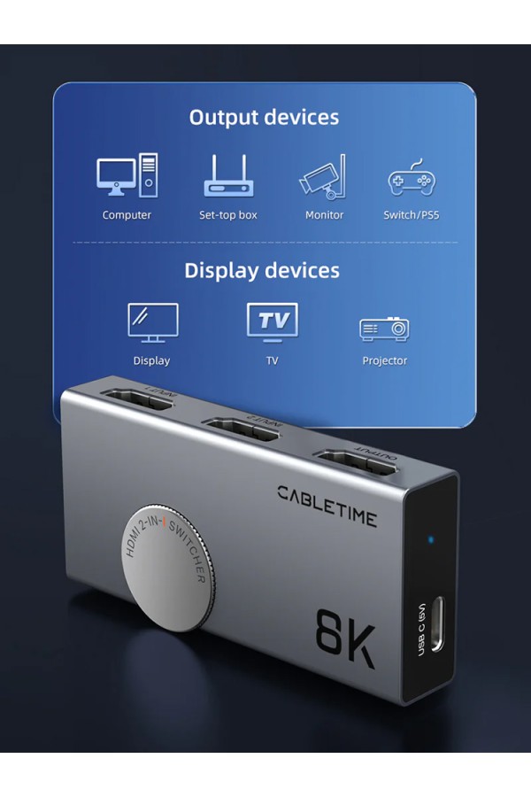 CABLETIME HDMI switch CT-HS8K2-AG, 2 σε 1, 8K/60Hz, 4K/120Hz, γκρι