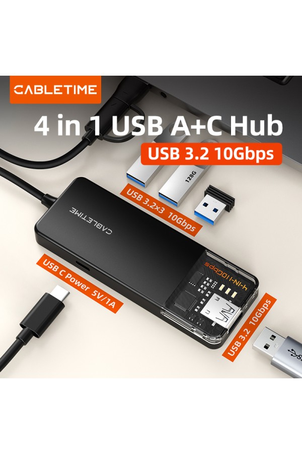 CABLETIME USB hub CT-HUBT5-PB, 4x θυρών, 10Gbps, USB/USB-C σύνδεση, μαύρο