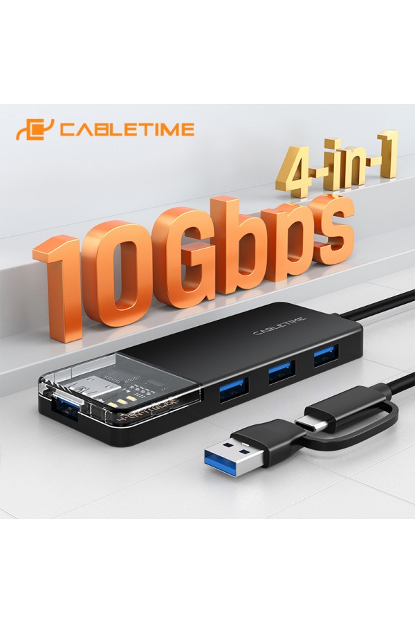 CABLETIME USB hub CT-HUBT5-PB, 4x θυρών, 10Gbps, USB/USB-C σύνδεση, μαύρο