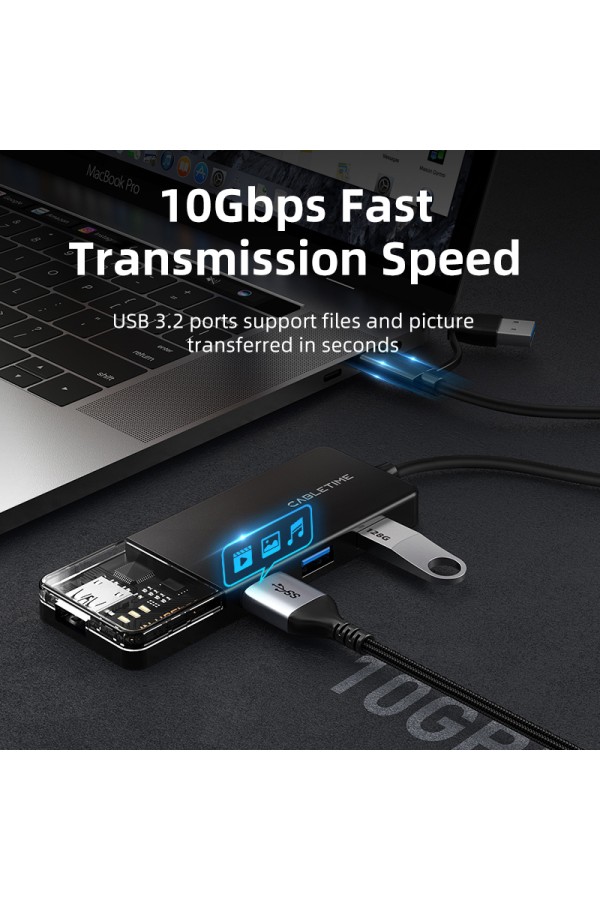 CABLETIME USB hub CT-HUBT5-PB, 4x θυρών, 10Gbps, USB/USB-C σύνδεση, μαύρο