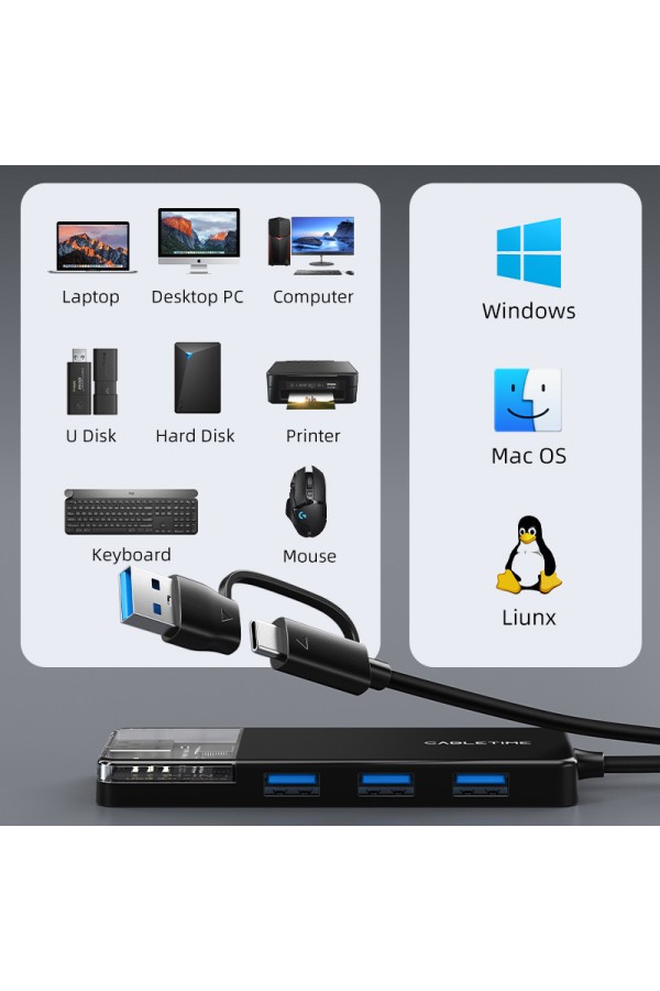 CABLETIME USB hub CT-HUBT5-PB, 4x θυρών, 10Gbps, USB/USB-C σύνδεση, μαύρο