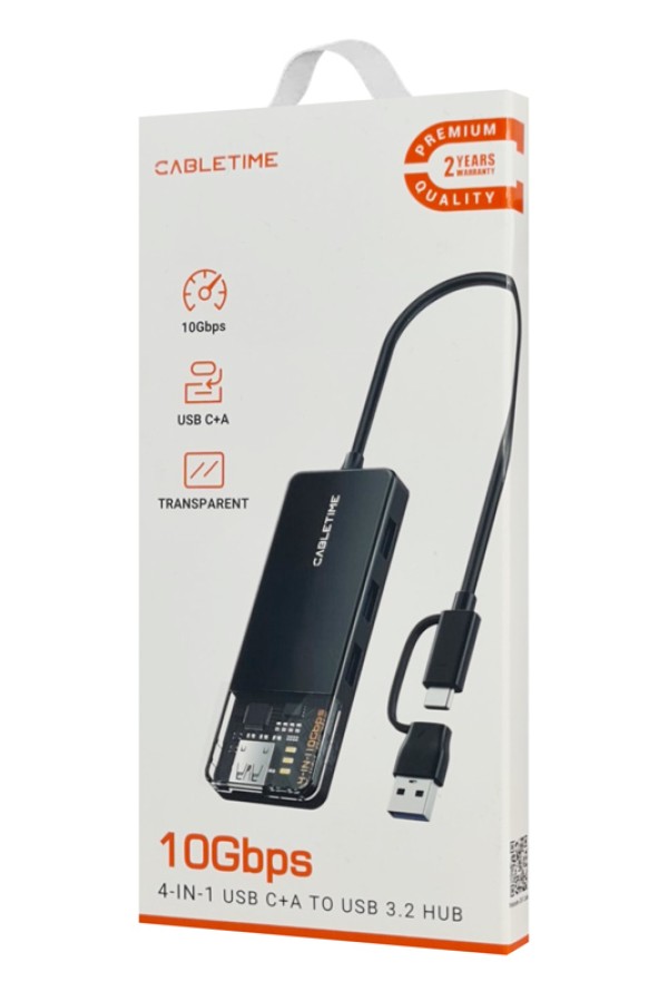 CABLETIME USB hub CT-HUBT5-PB, 4x θυρών, 10Gbps, USB/USB-C σύνδεση, μαύρο