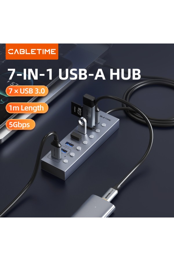 CABLETIME USB hub CT-HUBU7-AG, 7x θυρών, 5Gbps, USB σύνδεση, 1m, γκρι