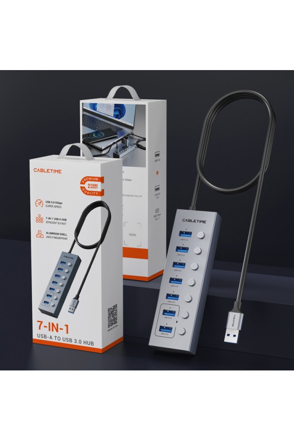 CABLETIME USB hub CT-HUBU7-AG, 7x θυρών, 5Gbps, USB σύνδεση, 1m, γκρι