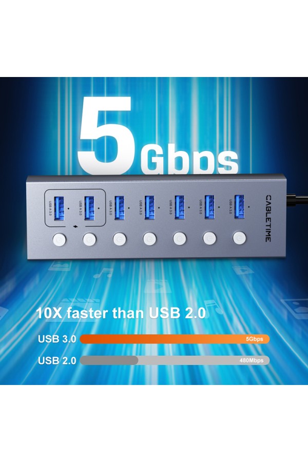 CABLETIME USB hub CT-HUBU7-AG, 7x θυρών, 5Gbps, USB σύνδεση, 1m, γκρι