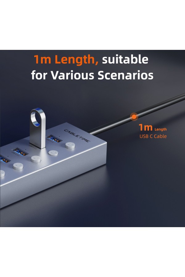 CABLETIME USB hub CT-HUBU7-AG, 7x θυρών, 5Gbps, USB σύνδεση, 1m, γκρι