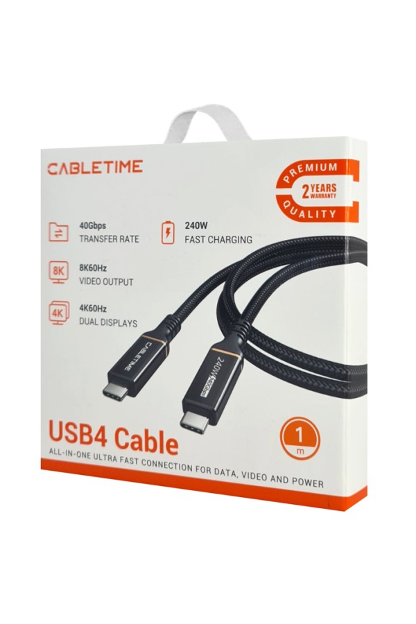 CABLETIME καλώδιο USB-C σε USB-C CT-USB4, 240W, 40Gbps, 8K/60Hz, USB4, 1m, μαύρο