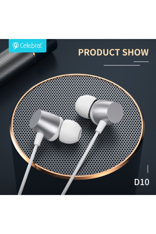 CELEBRAT earphones με μικρόφωνο D10, 3.5mm σύνδεση, Φ10mm, 1.2m, λευκά