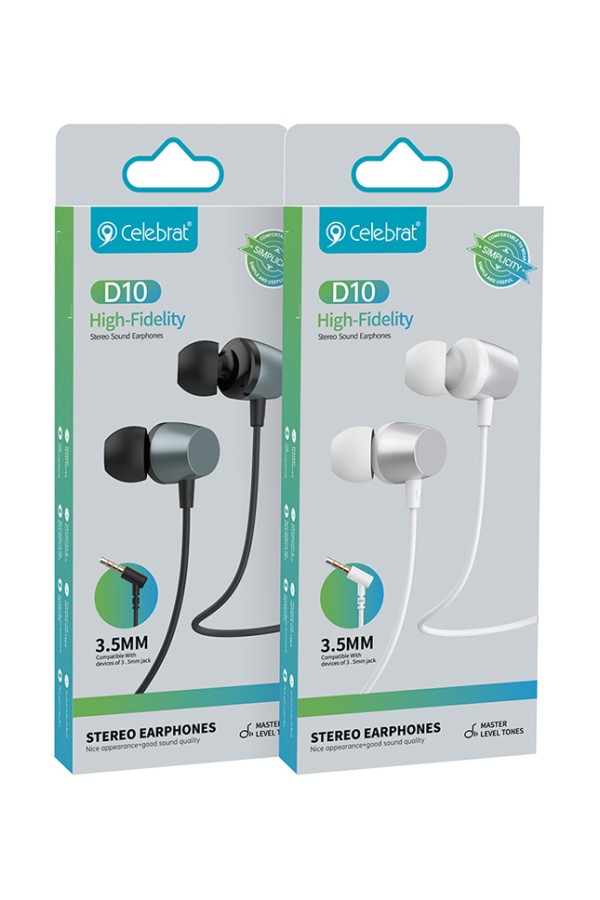 CELEBRAT earphones με μικρόφωνο D10, 3.5mm σύνδεση, Φ10mm, 1.2m, λευκά