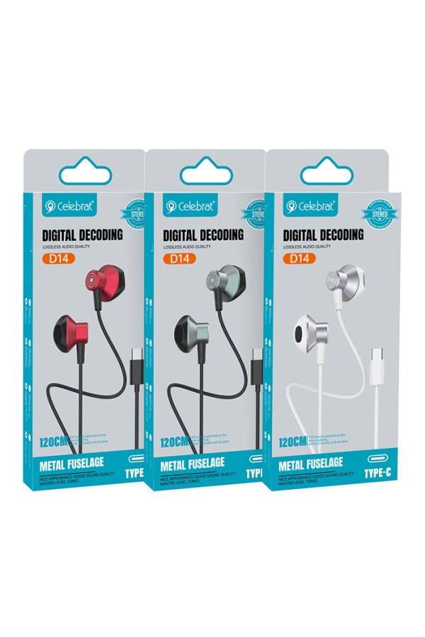 CELEBRAT earphones με μικρόφωνο D14, USB-C σύνδεση, Φ14mm, 1.2m, κόκκινα