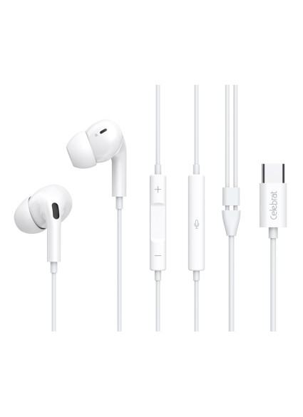 CELEBRAT earphones με μικρόφωνο E300, USB-C σύνδεση, Φ10mm, 1.2m, λευκά