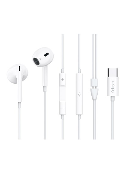 CELEBRAT earphones με μικρόφωνο E400, USB-C σύνδεση, Φ14mm, 1.2m, λευκά