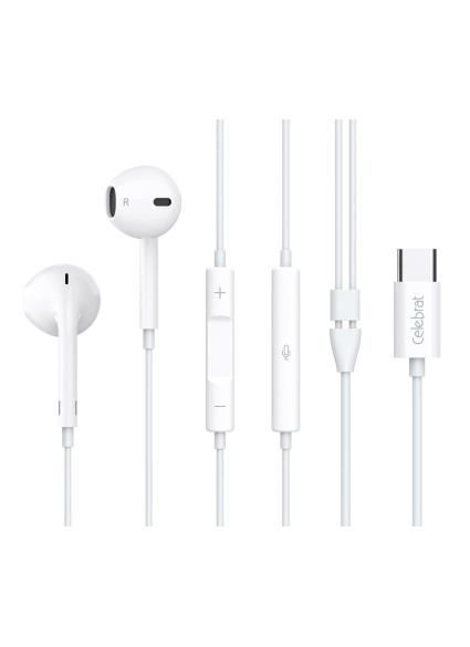 CELEBRAT earphones με μικρόφωνο E500, USB-C σύνδεση, Φ14mm, 1.2m, λευκά