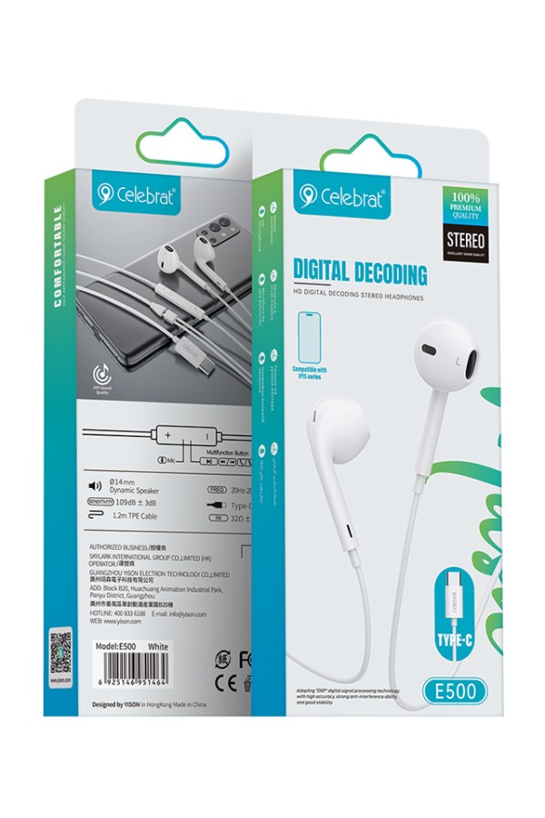CELEBRAT earphones με μικρόφωνο E500, USB-C σύνδεση, Φ14mm, 1.2m, λευκά