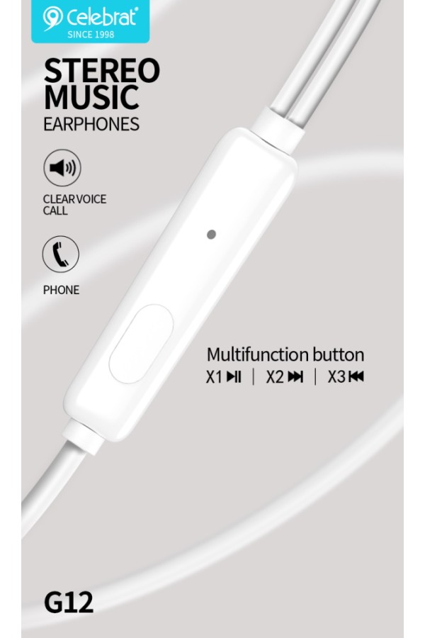 CELEBRAT earphones με μικρόφωνο G12, 3.5mm σύνδεση, Φ14.2mm, 1.2m, λευκό