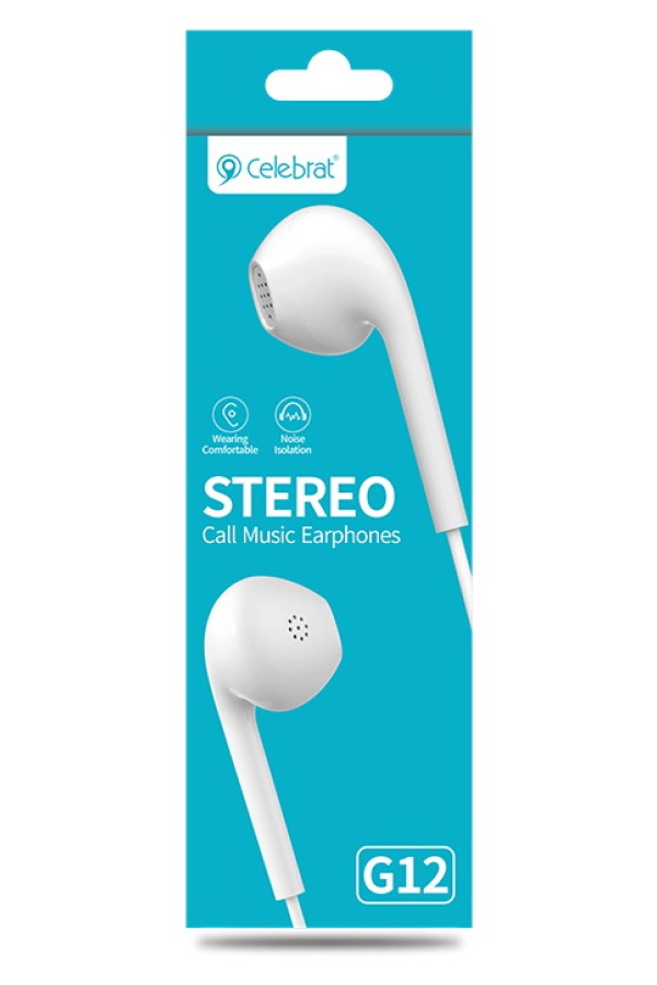 CELEBRAT earphones με μικρόφωνο G12, 3.5mm σύνδεση, Φ14.2mm, 1.2m, λευκό